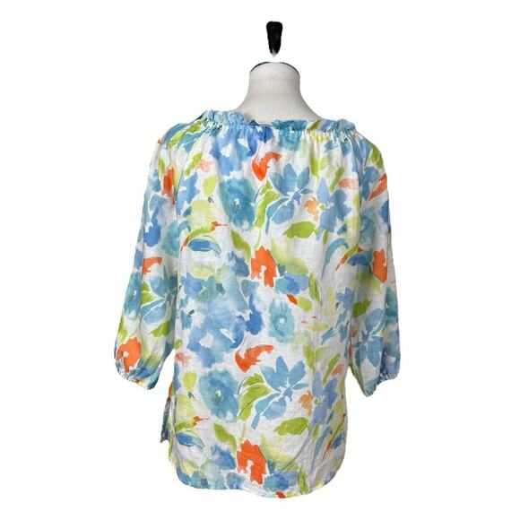 Hester & Orchard Top Linen Cotton Tie Neck White Multi Floral Women’s Size Small - Picture 4 of 10